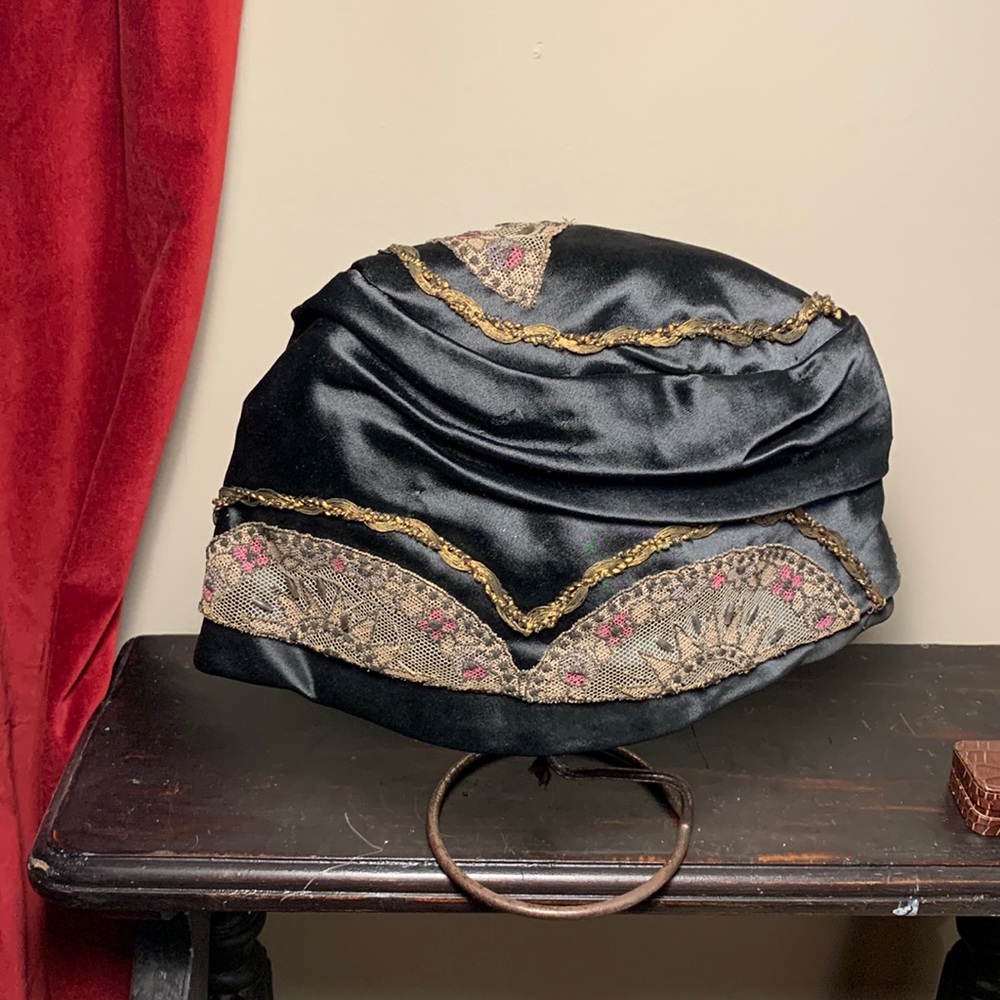 Vintage ladies hat satin with lace gold thread and beading.